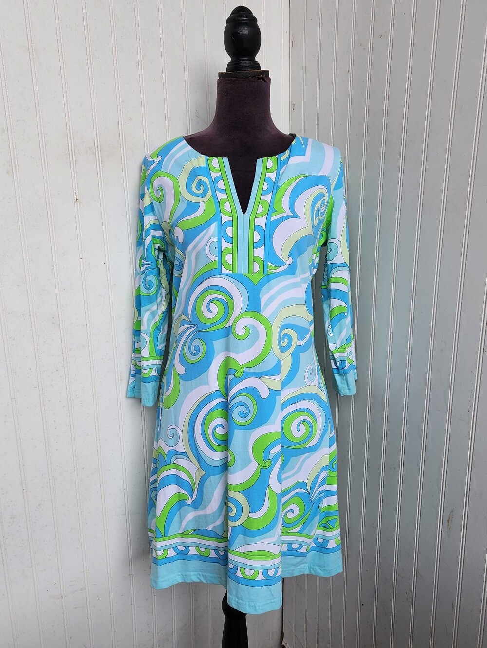 Barbara Gerwit Knit V Neck long sleeve Blue Green Geometric Dress Cotton Women L - Picture 4 of 14